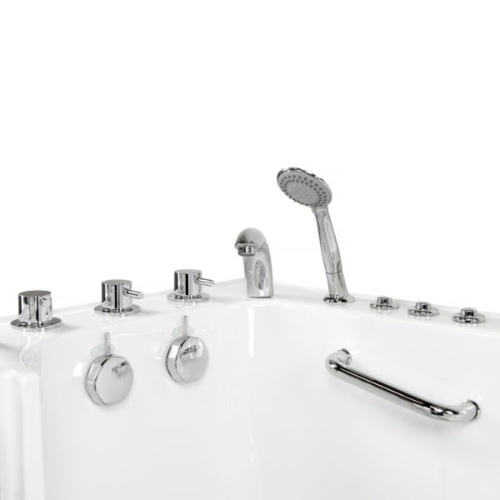 Chrome faucet, handheld shower, and control knobs on walk-in tub