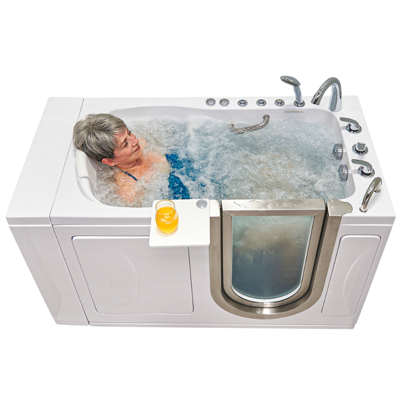 Senior woman enjoying hydrotherapy bubbles in walk-in tub