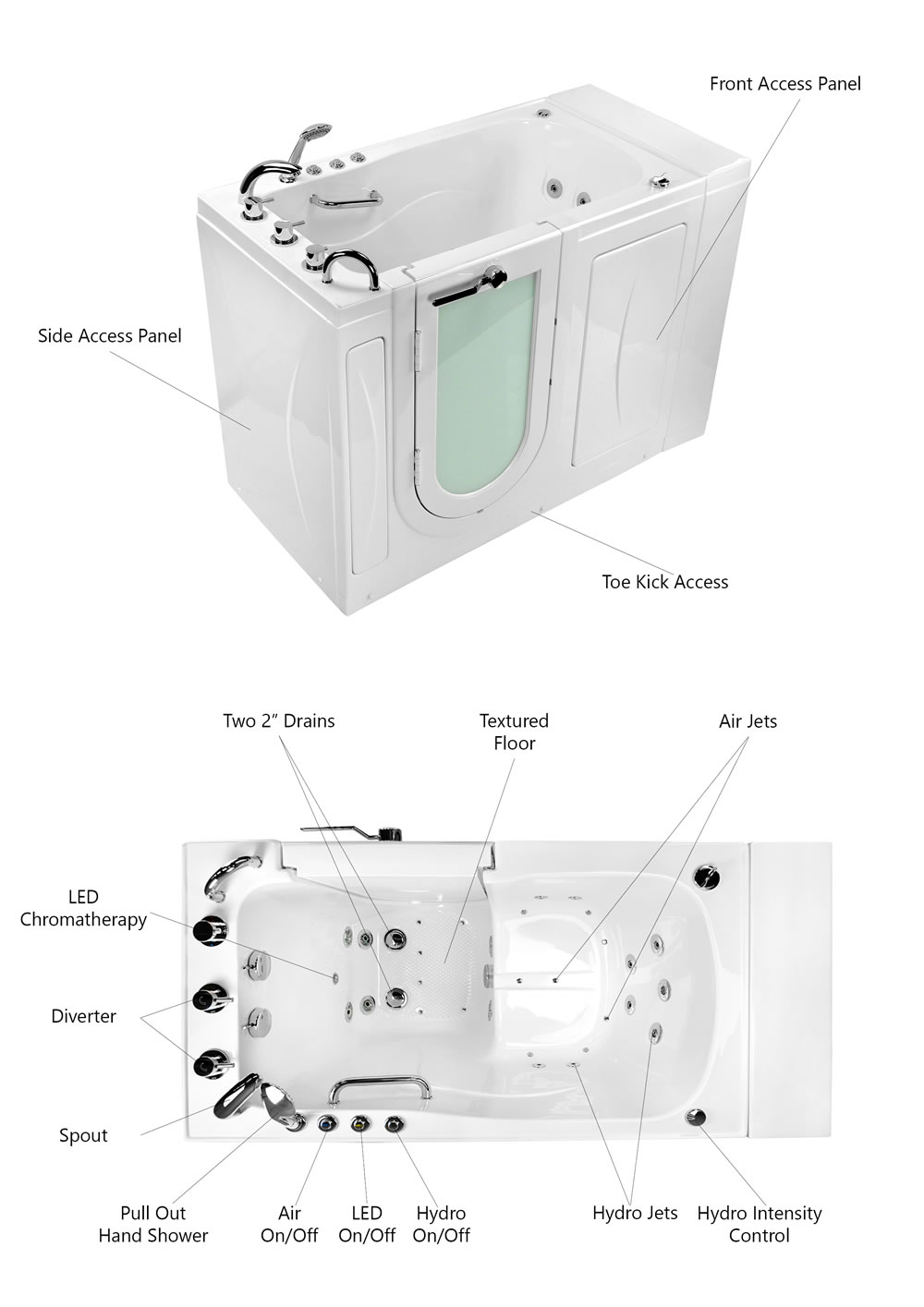 angled and overhead views of a white walk in tub with labels for side access panel front access panel toe kick access two 2 inch drains textured floor air jets hydro jets hydro intensity control LED chromatherapy diverter spout pull out hand shower and control buttons